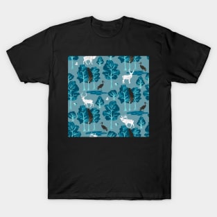 Blue winter forest pattern with deers and birds T-Shirt